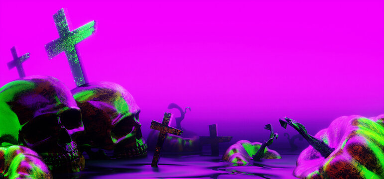 3d illustration rendering of happy halloween celebration pumpkin, a spooky party, ghost skull devil, trick or threat, wallpaper background graveyard