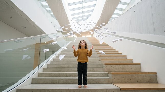 Joyful child with arms outstretched looking up at a cascade of paper airplanes in a modern building atrium