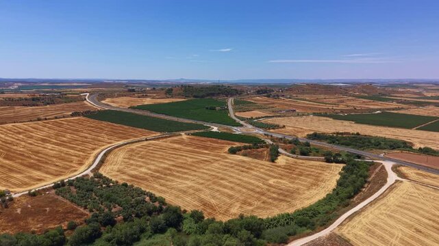 Expansive aerial panorama of golden harvested wheat fields intersected by rural roads and green orchards under clear blue sky in Mediterranean agricultural region