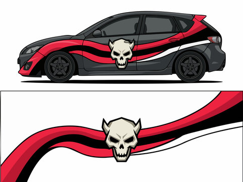 Black and Red Car with Skull and Stripes Design