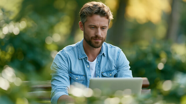 Man with beard in blue shirt working on laptop outside in natural light