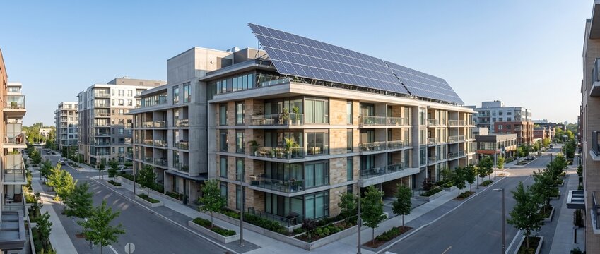 Modern Apartment Complex with Solar Panels: A panoramic view of a contemporary apartment building featuring extensive solar panels on its rooftop.