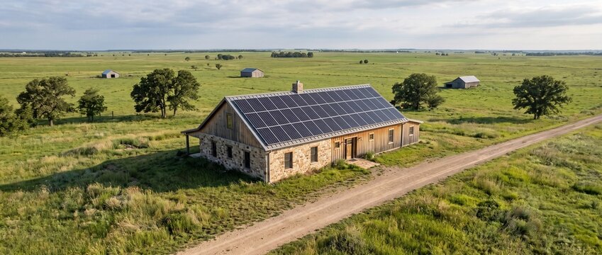 Solar Powered Homestead in Rural Landscape: An old stone building with a modern solar panel array on its roof stands in a vast, grassy prairie, highlighting sustainable energy in a remote setting.