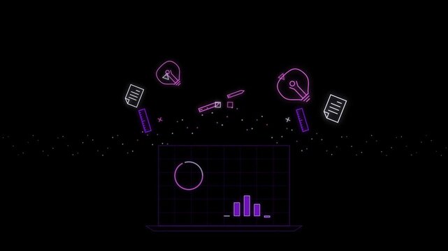 Digital innovation and business strategy motion graphics loop. Glowing neon purple icons floating above financial charts and laptop screen. Stock video clip for tech presentations