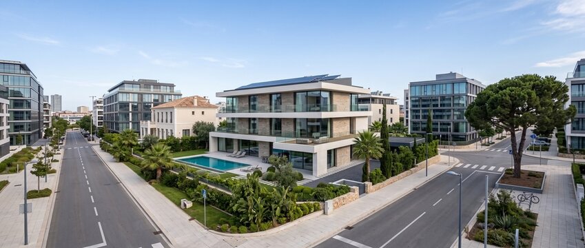 Modern Residential Complex: A panoramic view of a contemporary residential complex featuring sleek apartment buildings, a private swimming pool, and lush landscaping, showcasing modern urban living.