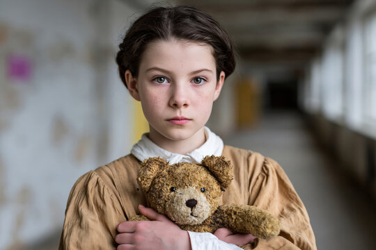 Serious young girl holding worn teddy bear standing in vintage room with soft light