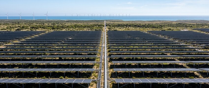 Solar Farm Landscape: An expansive solar farm stretches towards the horizon under a clear sky, with rows of photovoltaic panels reflecting sunlight.
