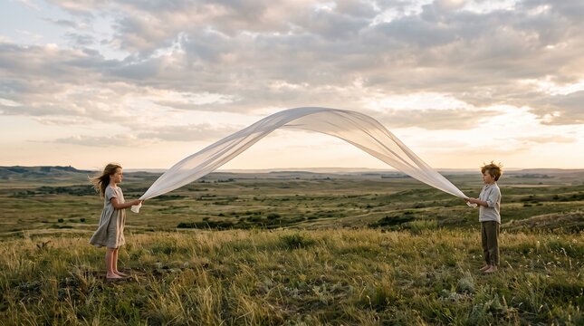 Two children holding a flowing white fabric in a grassy field at sunset with rolling hills and clouds