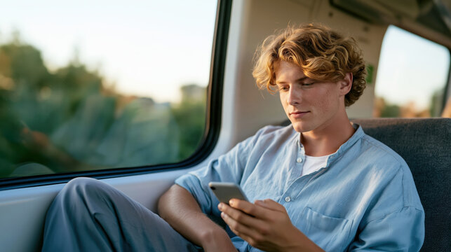 Young man sitting in train using smartphone enjoying relaxed travel moment