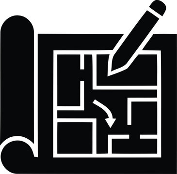 Floor plan with pencil a black silhouette icon on white background