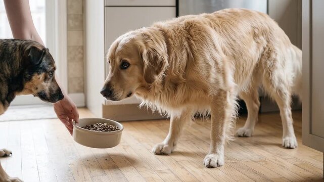 Golden Retriever Guarding a Food Bowl as Another Dog Approaches