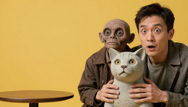 Young man with detailed ventriloquist doll and cat puppet