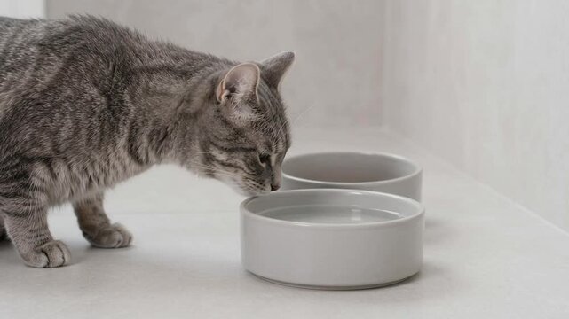 Caregiver arranges two water stations for a grey tabby cat