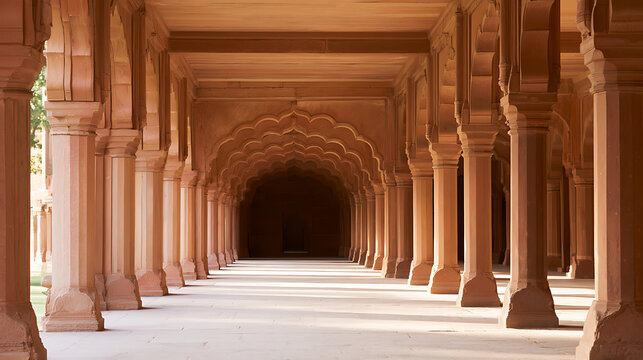 Stunning historical red stone palace corridor with majestic archways and symmetrical stone columns creating deep perspective and timeless charm