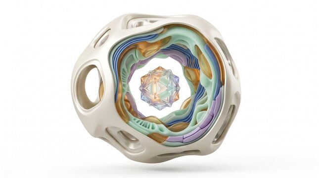 Organic 3D abstract sphere, layered geometric sculpture with pastel colors, futuristic parametric art object on white background