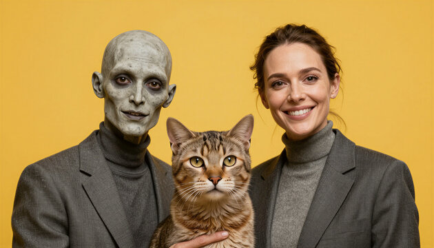 Smiling woman and bald creature posing with tabby cat