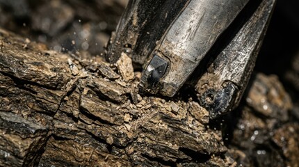 Fototapeta premium Tungsten carbide drill teeth biting into layered rock with slurry droplets and steel shavings