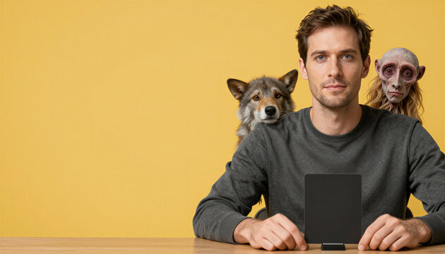 Young man sitting with wolf pup and fantasy creature