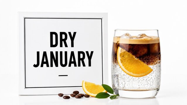 Dry January sign with sparkling orange drink on white