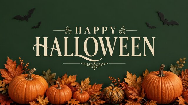 Happy halloween greeting with pumpkins and autumn leaves