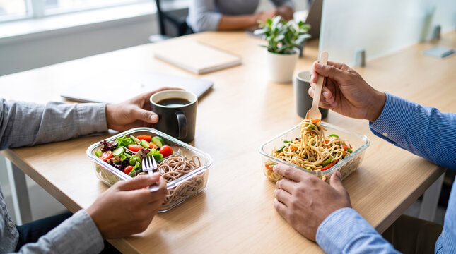 Two coworkers are having lunch together at a table in an office. They are eating from containers with noodles and salad while drinking coffee
