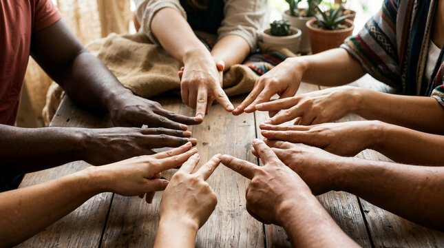 Diverse hands in a circle showing unity and teamwork around a wooden table