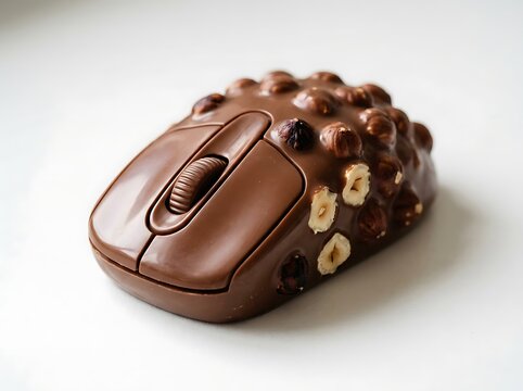 Computer mouse shaped like milk chocolate bar with whole hazelnuts