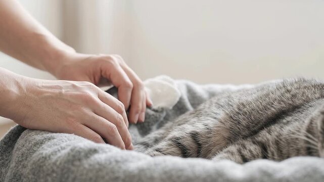 Caregiver adapts a cat resting area for home recovery
