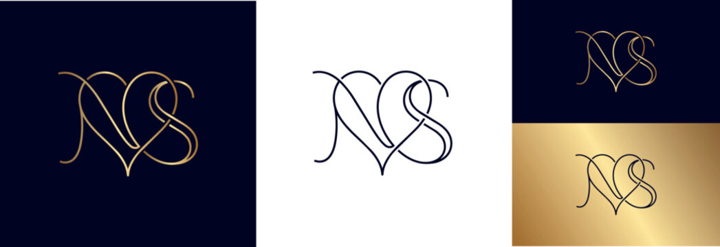Minimalist ns monogram flowing lines, gold and white, elegant logo design.