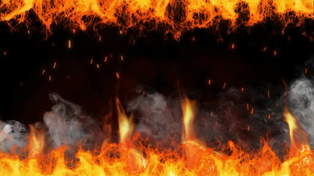 Dual horizontal fire borders with rising smoke and glowing orange sparks on a black background