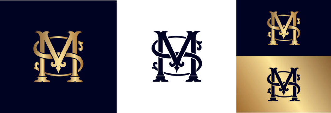 Sophisticated sm monogram logo, gold and navy, ideal for premium brands and fashion labels.