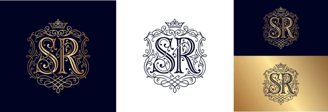 Ornate SR monogram crest emblem with crown and intricate flourishes for sophisticated heraldic logos and royal branding.