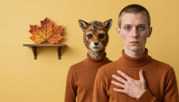 Young man and fox head figure in brown sweaters against yellow wall
