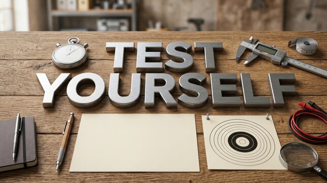 Test Yourself Motivation Concept with Target, Stopwatch and Creative Workspace