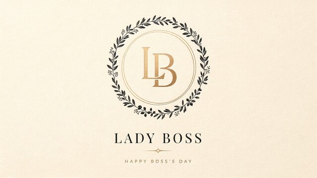 Elegant Lady Boss logo with gold monogram, sophisticated laurel wreath emblem for Happy Boss's Day, luxury cream stationery design