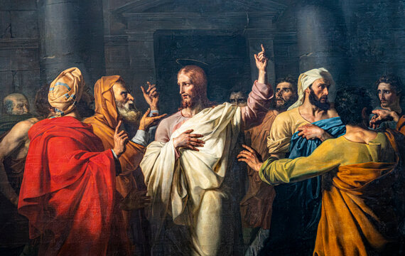 Jesus teaches among the doctors of the Law in a religious painting.