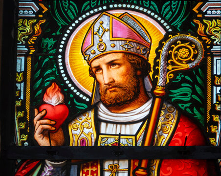 Stained glass (19th century) of Saint Augustine of Hippo. Saint of the Roman Catholic Church.
