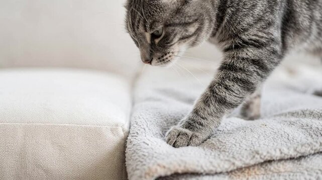 Grey tabby cat chooses familiar bedding over a new surface