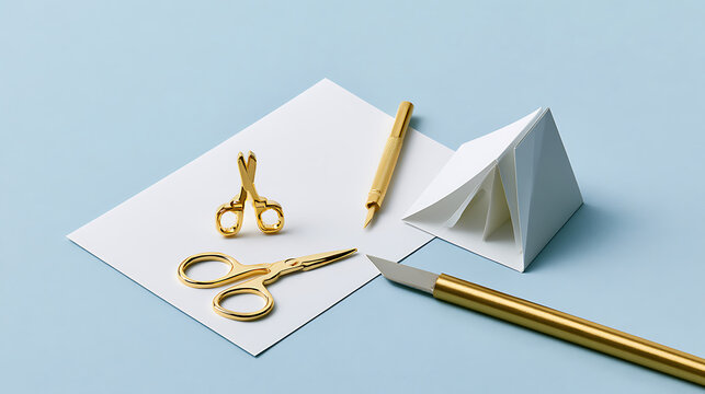 Elegant gold scissors craft knife paper sculpture on blue background art design layout flat lay creative hobby project tool office supply