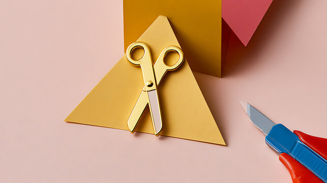 Minimalist composition with gold scissors and paper craft elements on pastel pink background, bright modern studio scene for creative design