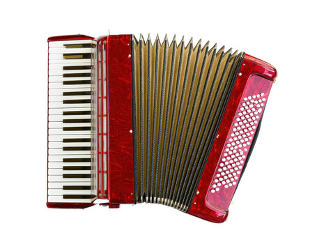 Shiny red piano accordion isolated on white background for musical performance and folk music