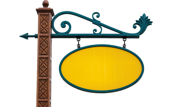 Ornate wooden post supporting a teal wrought iron sign bracket with an empty yellow oval sign, isolated on transparent background