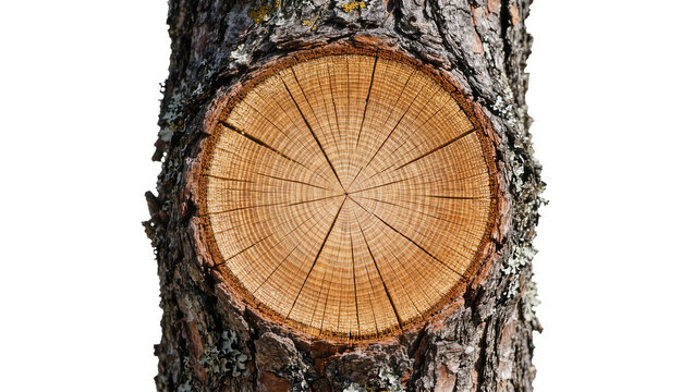Close-up of a tree trunk cross-section with visible growth rings, isolated on transparent background