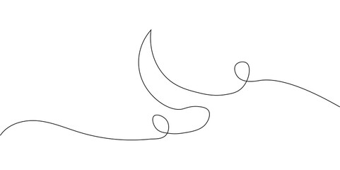 Abstract single line drawing of a crescent moon and stars in a simple continuous stroke style © mimo
