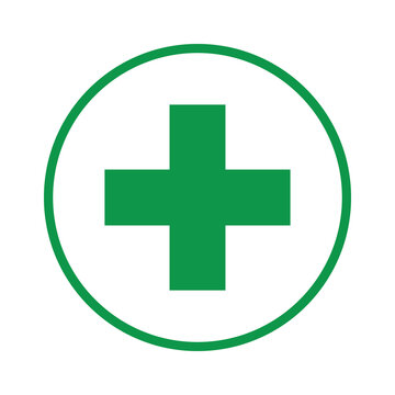 Green medical cross icon inside a circle symbol for healthcare and first aid design