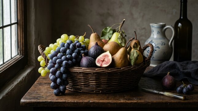 A basket of mixed fruit sits on a wooden table by a window.