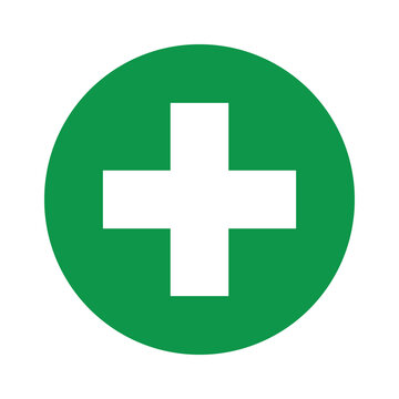 Green circle icon with a white medical cross symbol for health and first aid
