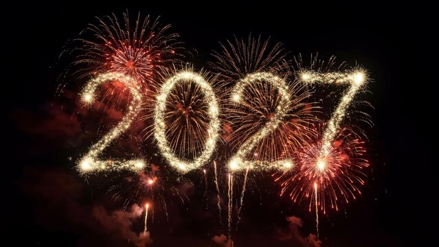 happy new year, new year's eve, silvester, new years eve, sparklers celebration greeting card, new year card - Year 2027 in sparkler font and firework fireworks pyrotechnic, blue night sky background