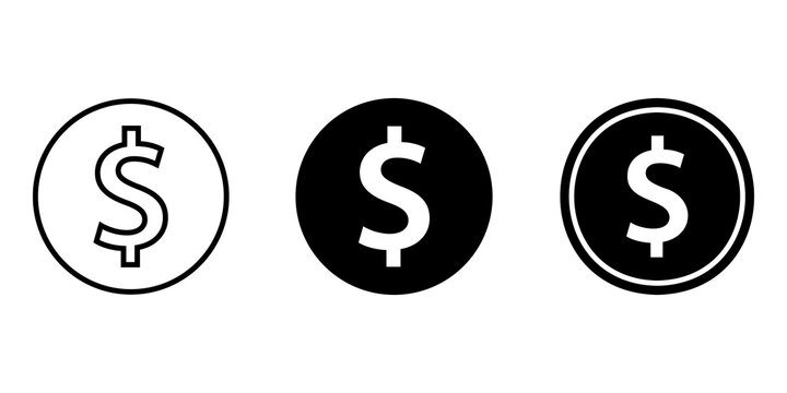 Set of three black dollar sign coin icons in different graphic styles for business and finance