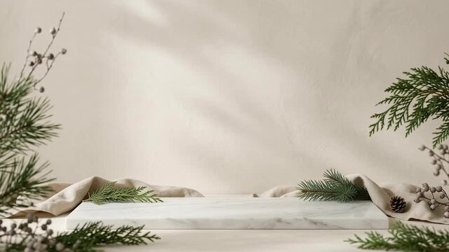 Minimal holiday backdrop with evergreen branches and pinecones against a pale limewash wall